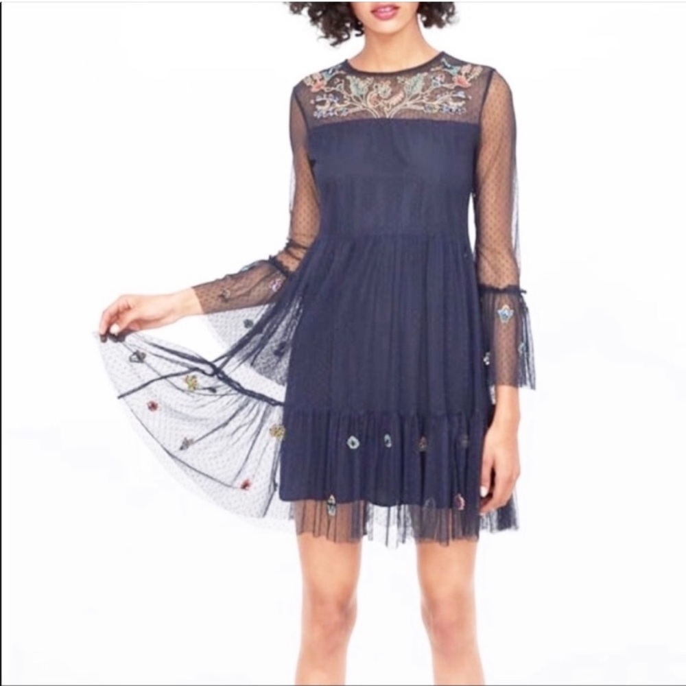 Zara Basic Collection Navy Blue Dotted Mesh Embroidered Beaded Dress